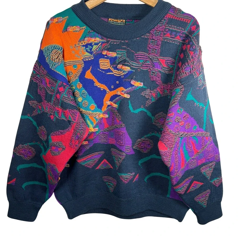 Vtg 90s Abstract Geometric Knit Sweater Loud Hip Hop Era Graphic Streetwear‎ Med